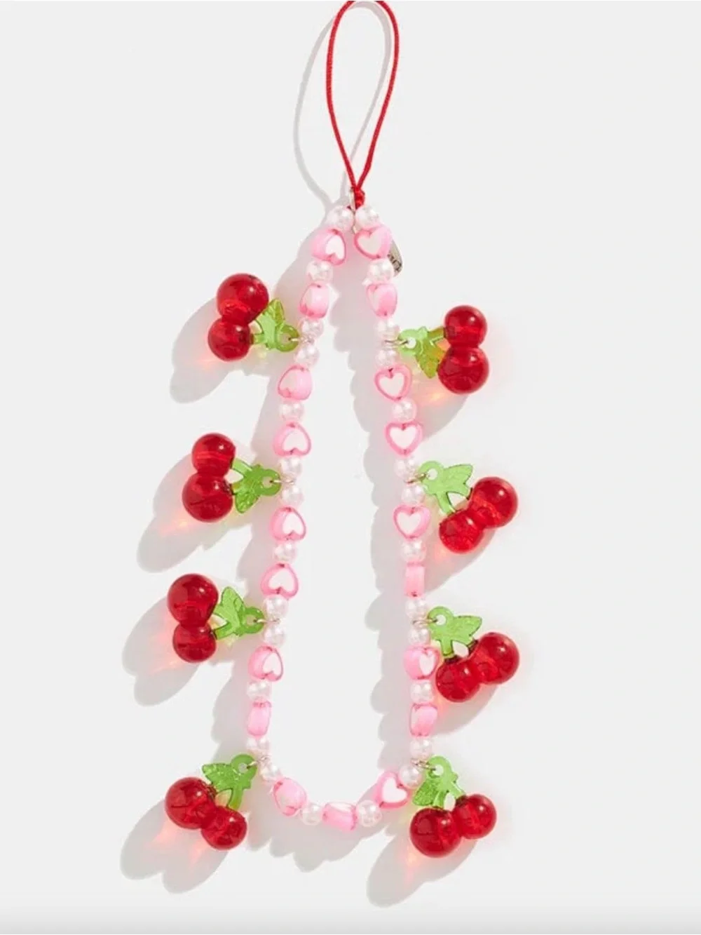 Cherry Heart Beaded Phone Charm Strap Wrist Lanyard Cute Kawaii Pink Red New
